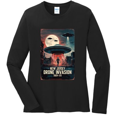 Drones New Jersey Ufo Uap Alien Invasion Ladies Long Sleeve Shirt