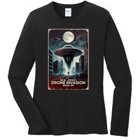 Drones New Jersey Ufo Uap Alien Invasion Ladies Long Sleeve Shirt