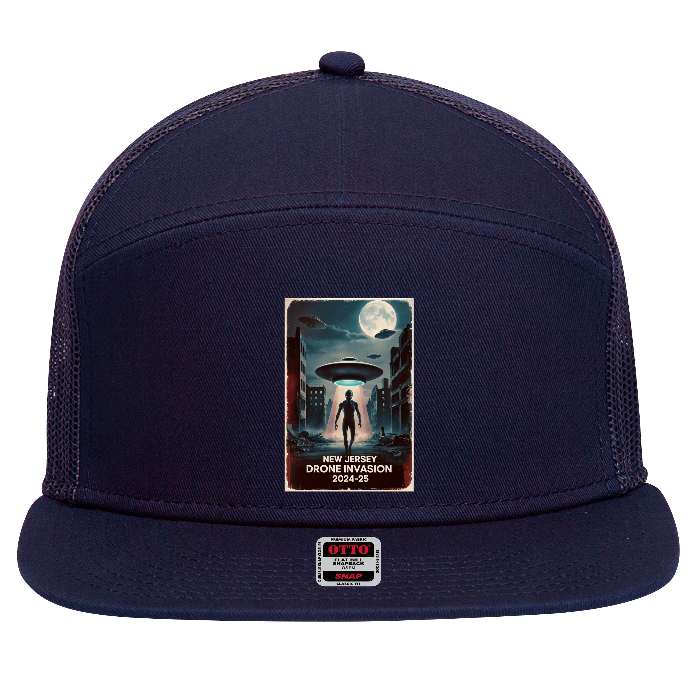 Drones New Jersey Ufo Uap Alien Invasion 7 Panel Mesh Trucker Snapback Hat