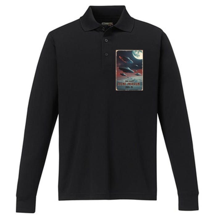 Drones New Jersey Ufo Uap Alien Invasion Performance Long Sleeve Polo