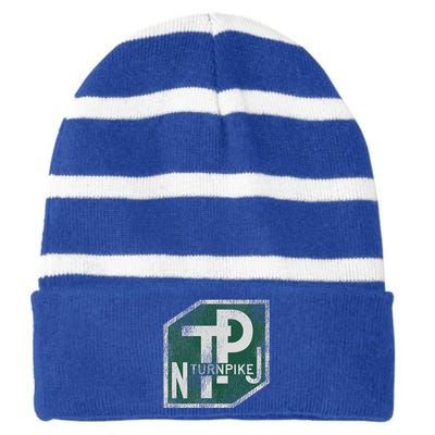 Distressed New Jersey Turnpike State Road Sign Striped Beanie with Solid Band