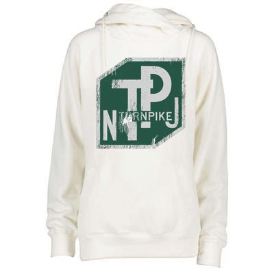 Distressed New Jersey Turnpike State Road Sign Womens Funnel Neck Pullover Hood