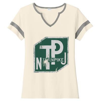 Distressed New Jersey Turnpike State Road Sign Ladies Halftime Notch Neck Tee