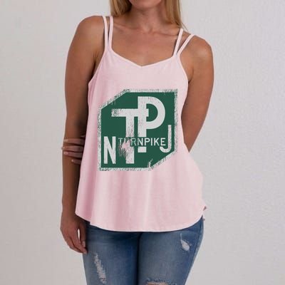 Distressed New Jersey Turnpike State Road Sign Women's Strappy Tank