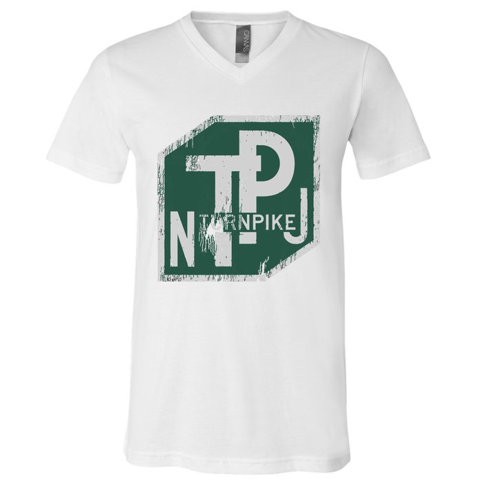 Distressed New Jersey Turnpike State Road Sign V-Neck T-Shirt