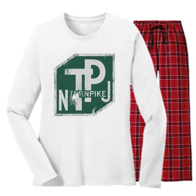 Distressed New Jersey Turnpike State Road Sign Women's Long Sleeve Flannel Pajama Set 