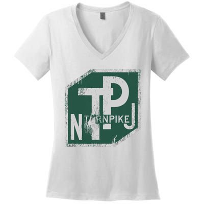 Distressed New Jersey Turnpike State Road Sign Women's V-Neck T-Shirt