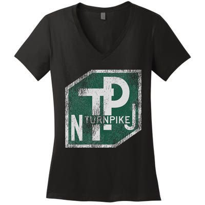 Distressed New Jersey Turnpike State Road Sign Women's V-Neck T-Shirt