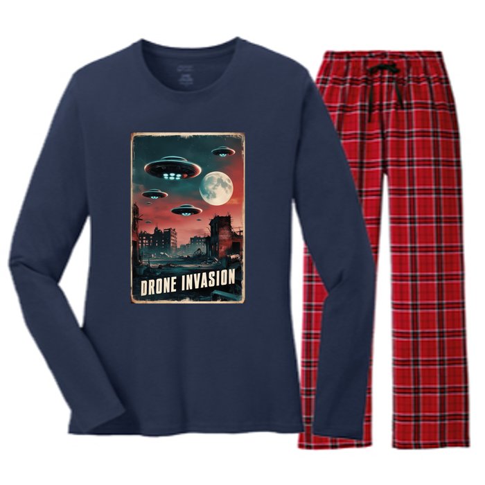 Drones New Jersey Ufo Uap Alien Invasion Women's Long Sleeve Flannel Pajama Set 