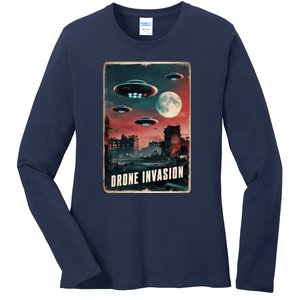 Drones New Jersey Ufo Uap Alien Invasion Ladies Long Sleeve Shirt