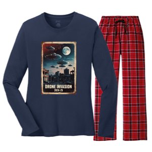 Drones New Jersey Ufo Uap Alien Invasion Women's Long Sleeve Flannel Pajama Set 