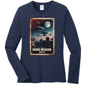 Drones New Jersey Ufo Uap Alien Invasion Ladies Long Sleeve Shirt