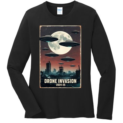 Drones New Jersey Ufo Uap Alien Invasion Ladies Long Sleeve Shirt