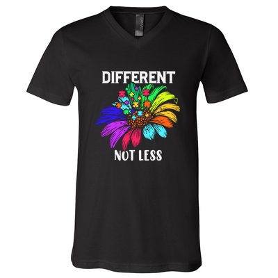 Different Not Less Daisy Autism Puzzle Autism Awareness Day V-Neck T-Shirt