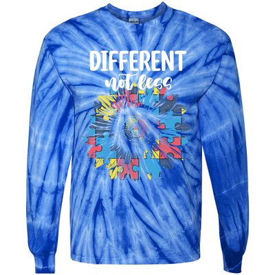 Different Not Less Sunflower Autism Puzzle Awareness Month Gift Tie-Dye Long Sleeve Shirt