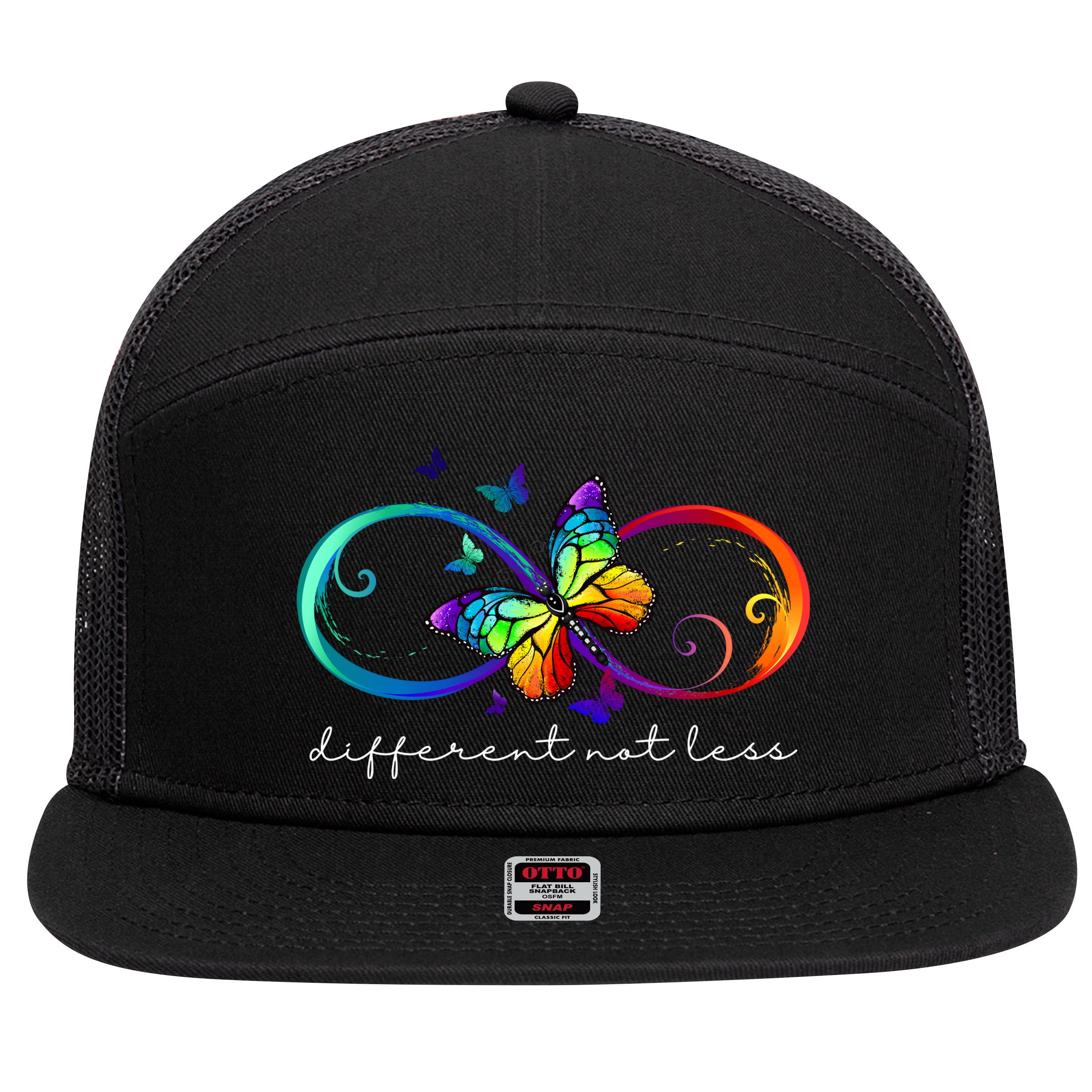 Different Not Less Autism Awareness Neurodiversity Butterfly 7 Panel Mesh Trucker Snapback Hat