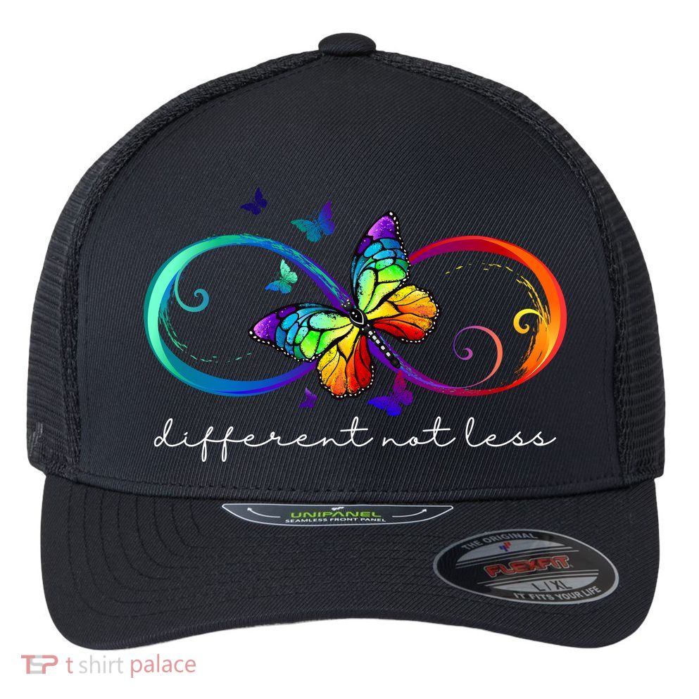 Different Not Less Autism Awareness Neurodiversity Butterfly Flexfit Unipanel Trucker Cap