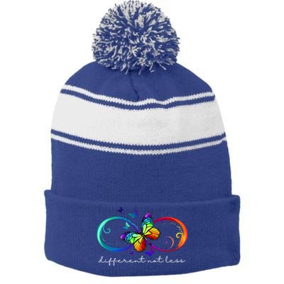 Different Not Less Autism Awareness Neurodiversity Butterfly Stripe Pom Pom Beanie
