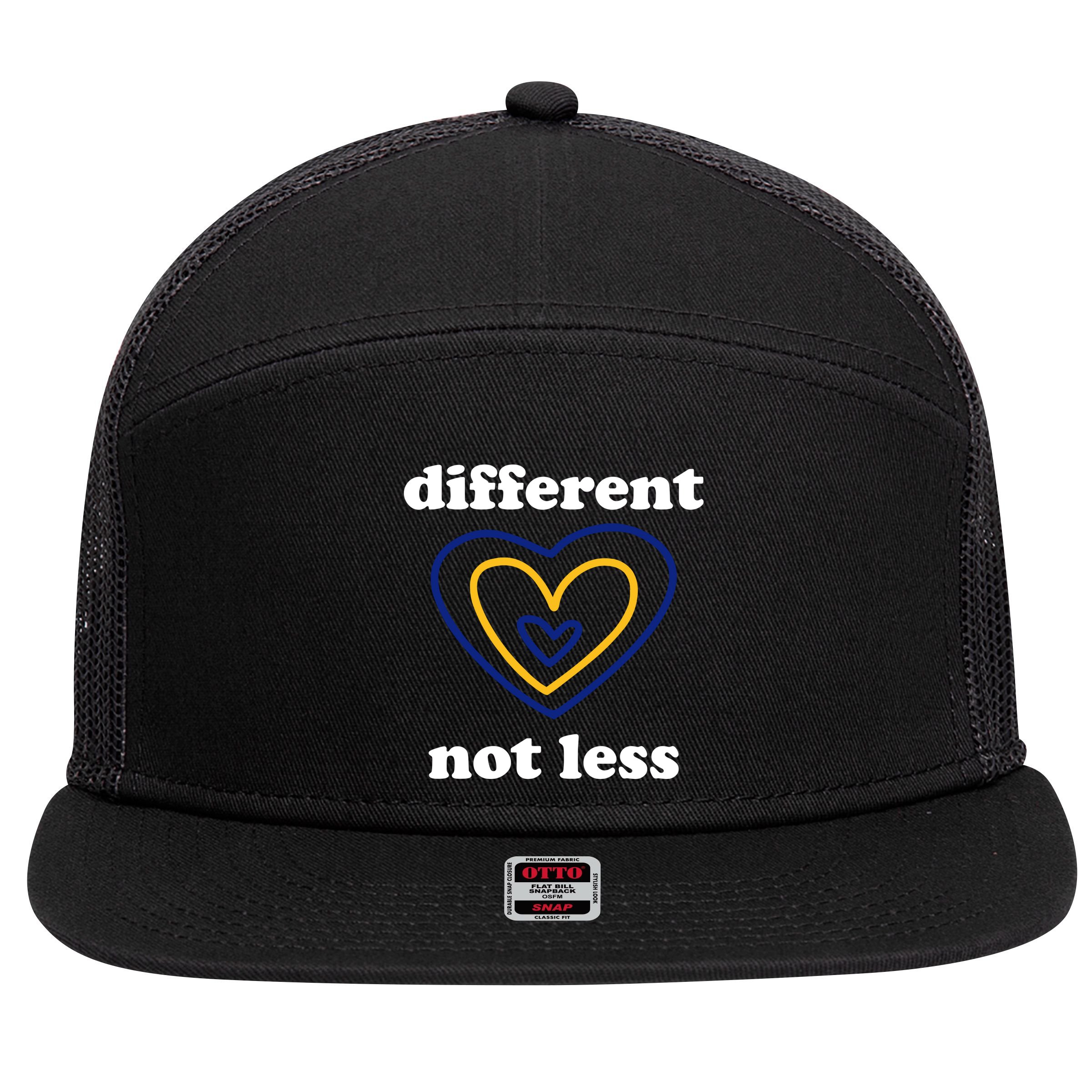 Different Not Less Down Syndrome Awareness Heart 7 Panel Mesh Trucker Snapback Hat