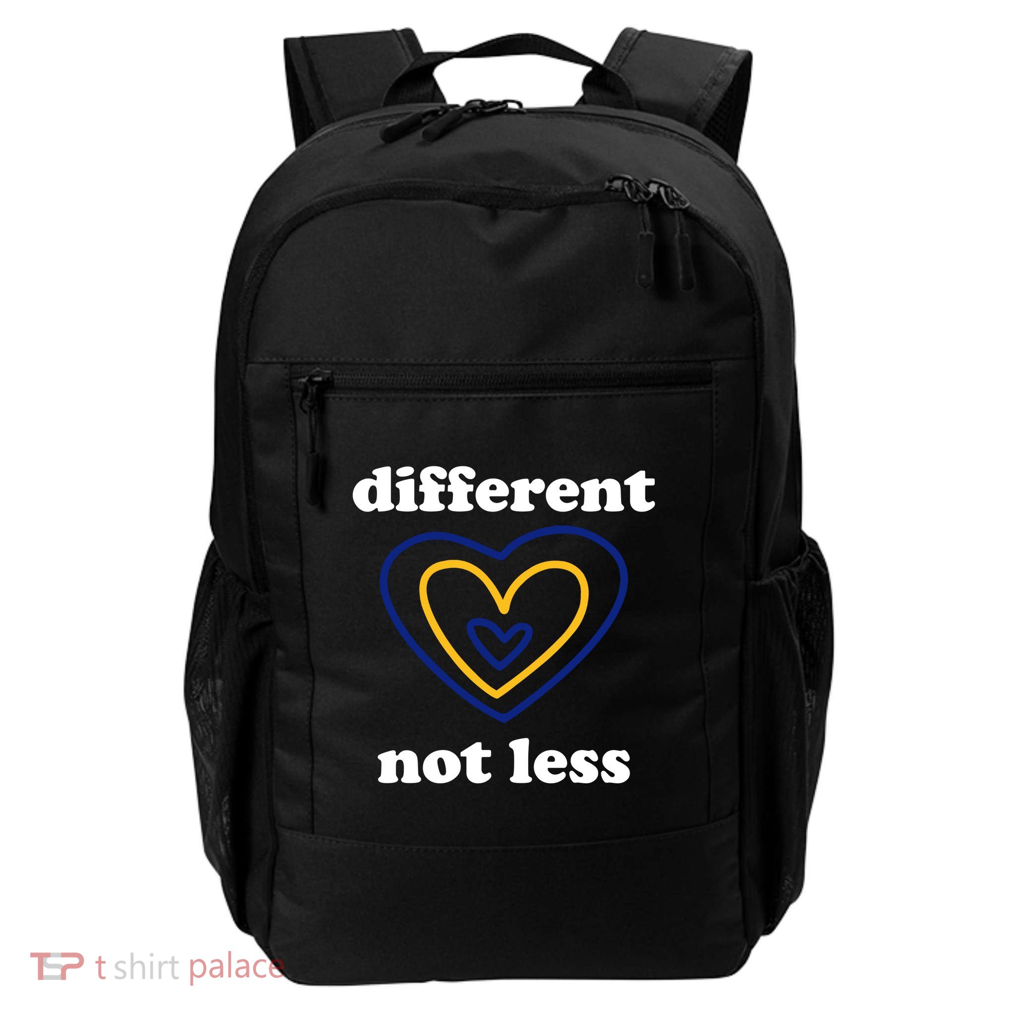 Different Not Less Down Syndrome Awareness Heart Daily Commute Backpack