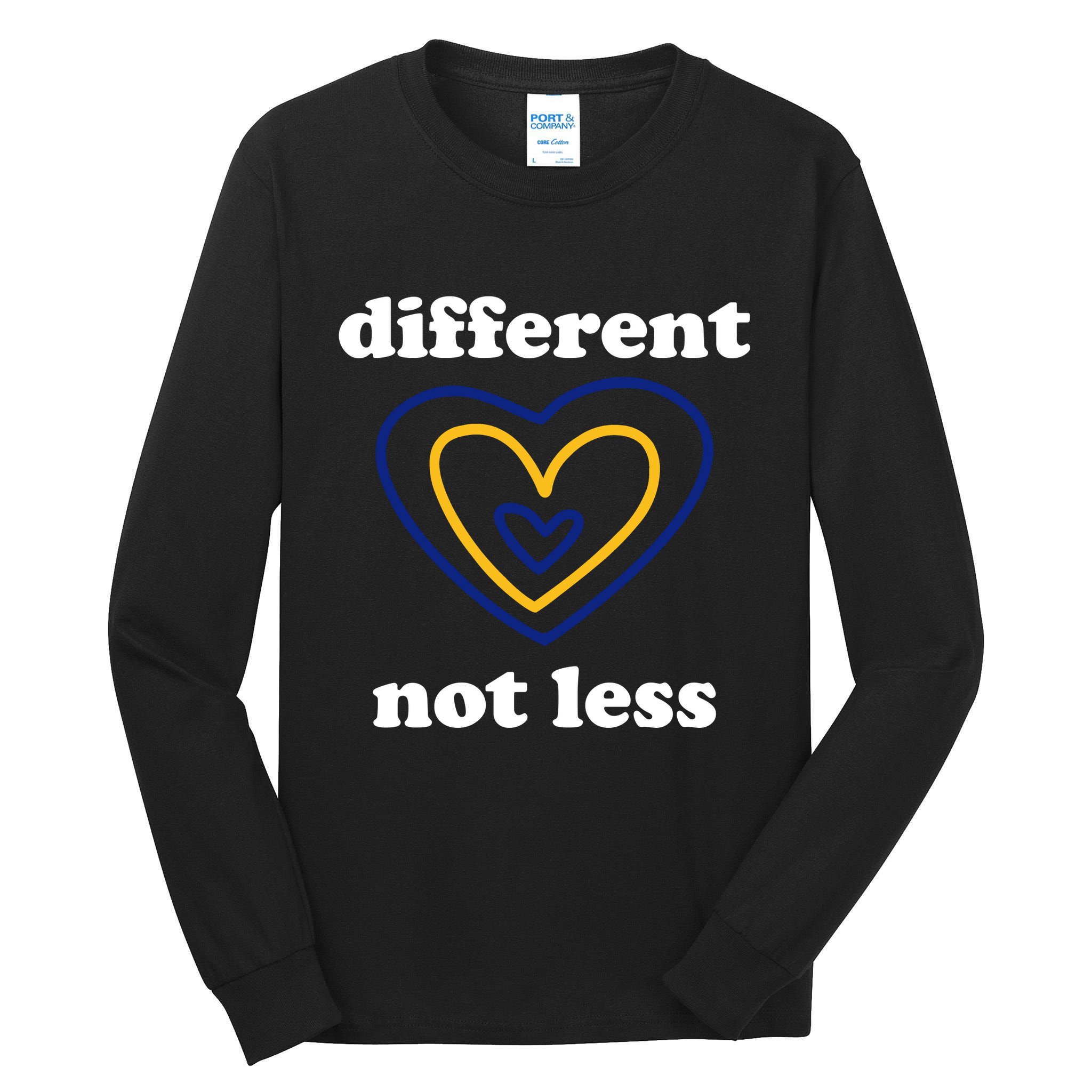 Different Not Less Down Syndrome Awareness Heart Tall Long Sleeve T-Shirt