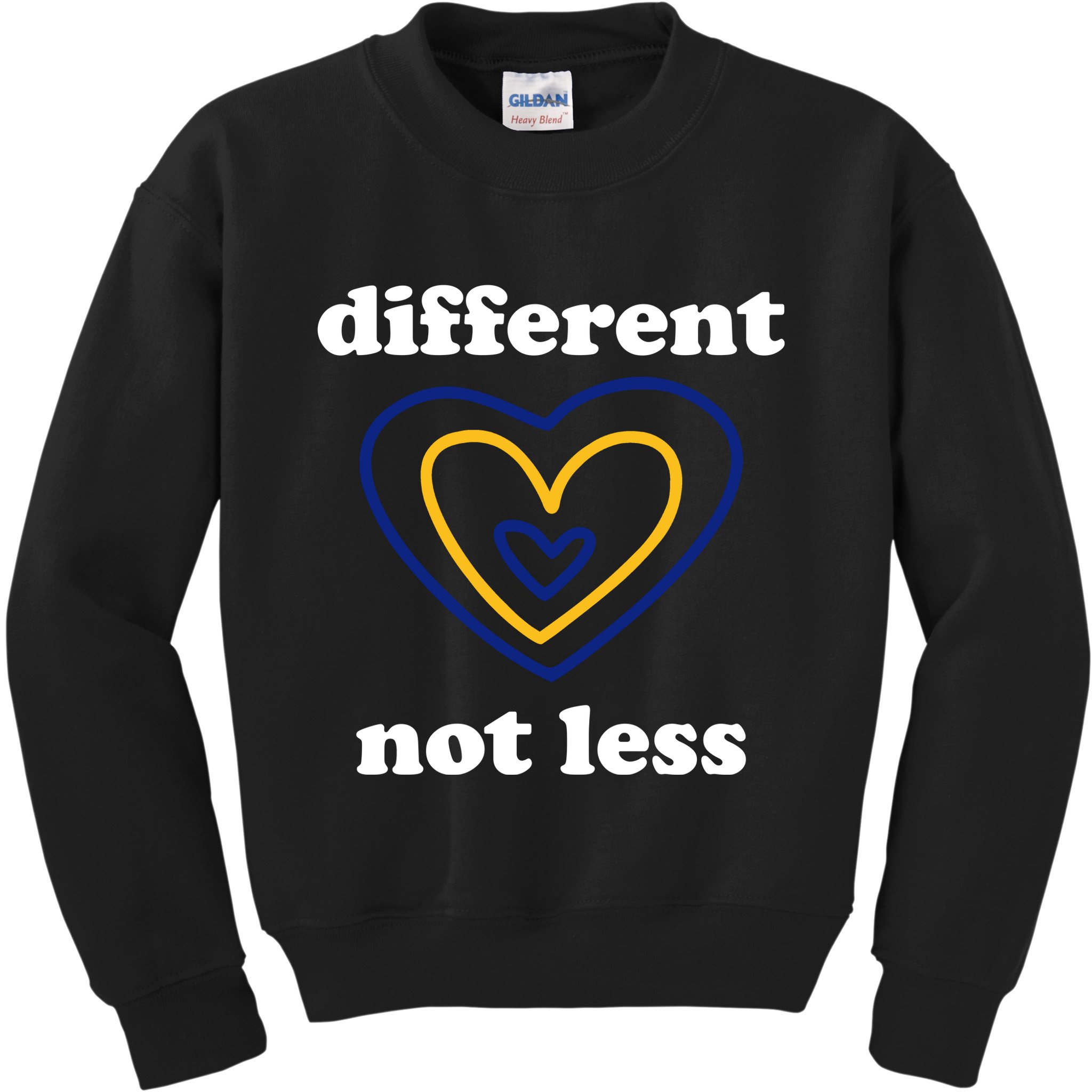 Different Not Less Down Syndrome Awareness Heart Kids Sweatshirt