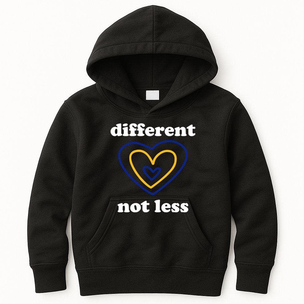 Different Not Less Down Syndrome Awareness Heart Kids Hoodie