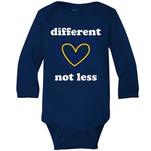 Different Not Less Down Syndrome Awareness Heart Baby Long Sleeve Bodysuit