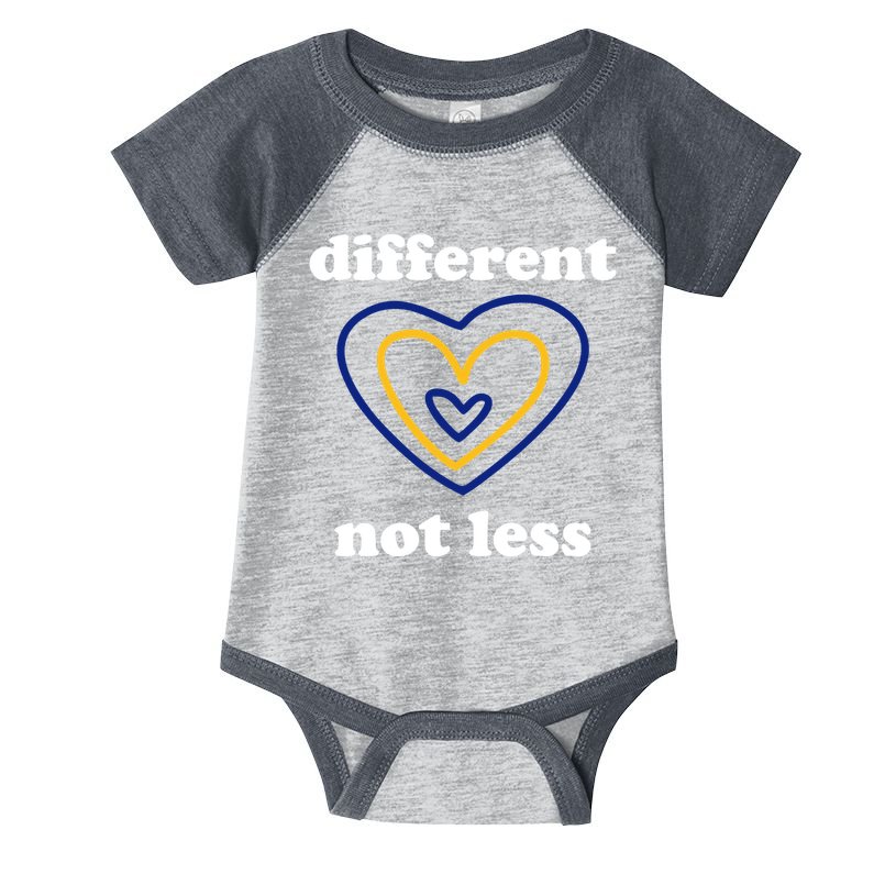 Different Not Less Down Syndrome Awareness Heart Infant Baby Jersey Bodysuit