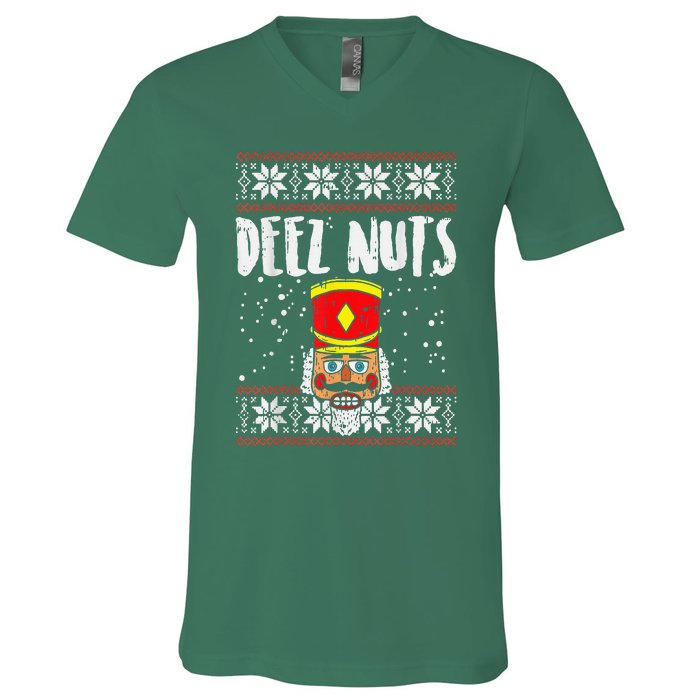 Deez Nuts Nutcracker Funny Ugly Christmas Sweater Meme Gift V-Neck T-Shirt