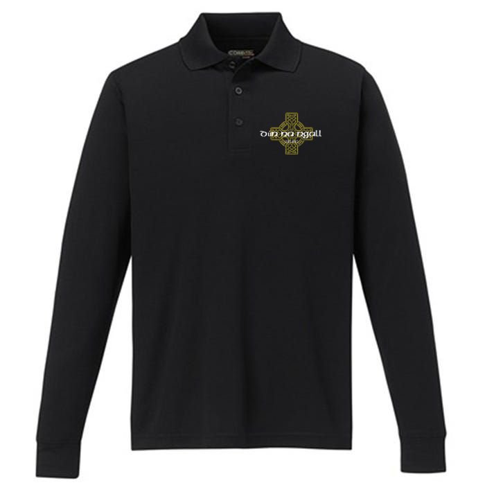 Dun Na Ngall Donegal Ireland Vintage Celtic Cross Performance Long Sleeve Polo