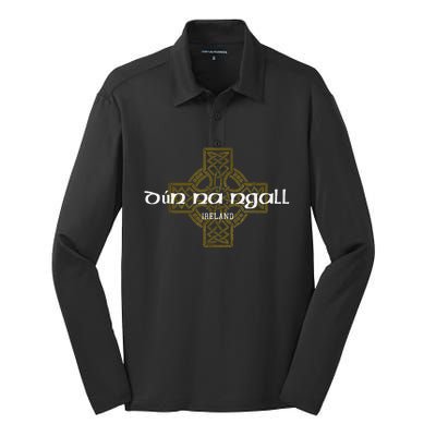 Dun Na Ngall Donegal Ireland Vintage Celtic Cross Silk Touch Performance Long Sleeve Polo