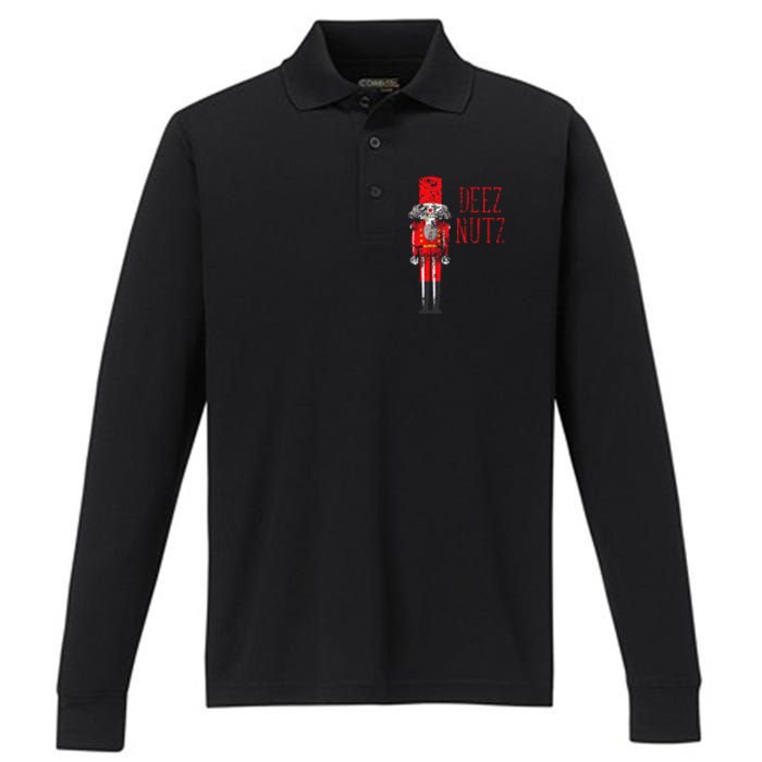 Deez Nutz Nutcracker Distressed Naughty Christmas Performance Long Sleeve Polo