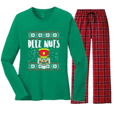 Deez Nuts Nutcracker Gifts Ugly Christmas Funny Xmas Women's Long Sleeve Flannel Pajama Set 