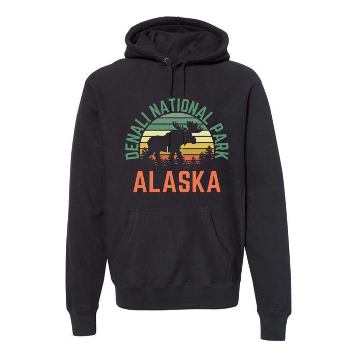 Denali National Park Alaska Moose Hiking Nature Retro Premium Hoodie