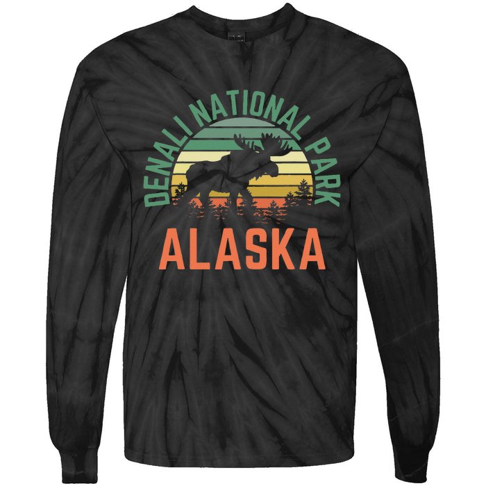 Denali National Park Alaska Moose Hiking Nature Retro Tie-Dye Long Sleeve Shirt