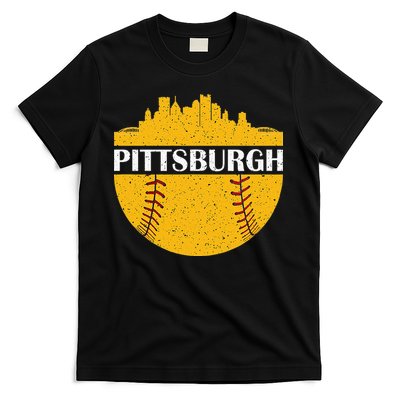 Distressed Novelty Pirate Pittsburgh Baseball Cityscape T-Shirt