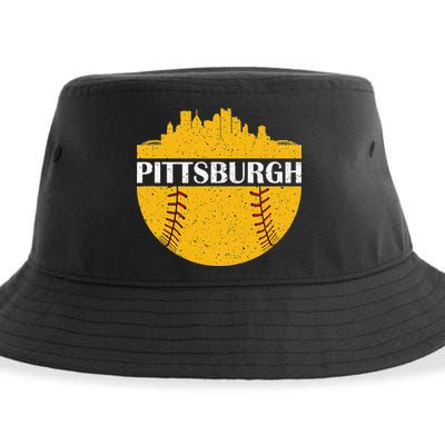 Distressed Novelty Pirate Pittsburgh Baseball Cityscape Sustainable Bucket Hat