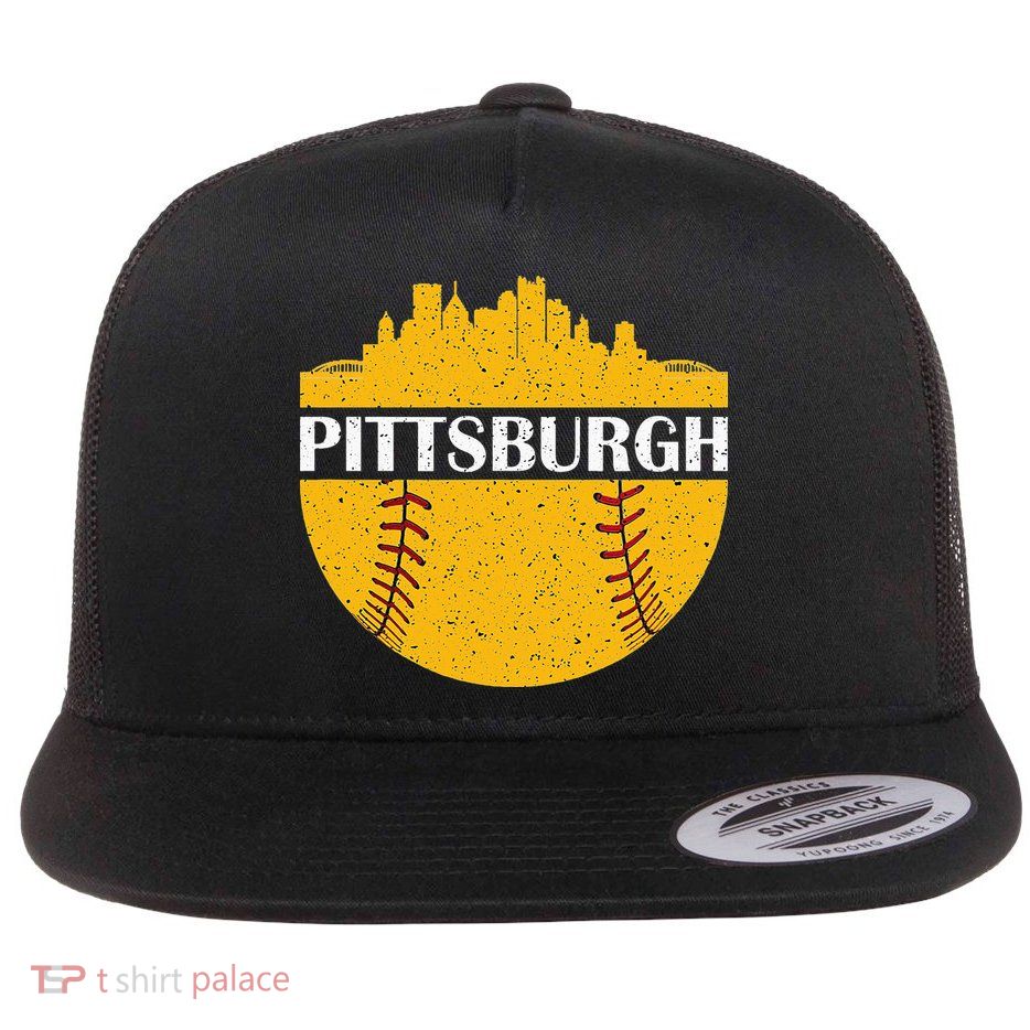 Distressed Novelty Pirate Pittsburgh Baseball Cityscape Flat Bill Trucker Hat