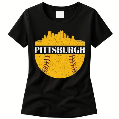 Distressed Novelty Pirate Pittsburgh Baseball Cityscape Womens T-Shirt