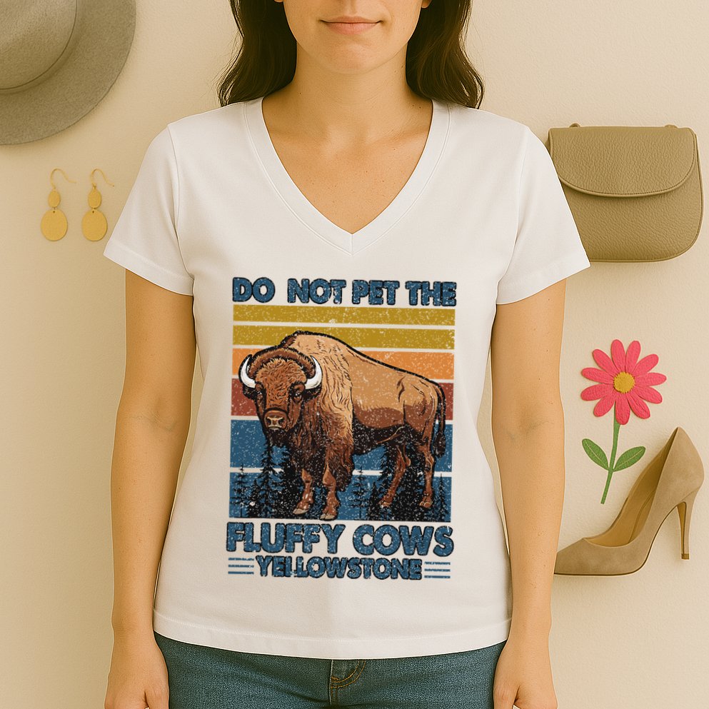 Do Not Pet The Fluffy Cows Buffalo & Bison Yellowstone Park Women's V-Neck T-Shirt