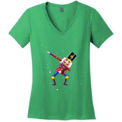 Dabbing Nutcracker Squad Deez Nuts Funny Christmas Pajamas Women's V-Neck T-Shirt