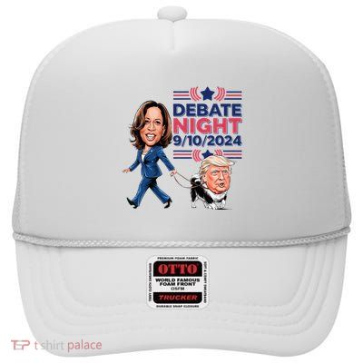 Debate Night Showdown Kamala Dog Walks Trump High Crown Mesh Back Trucker Hat