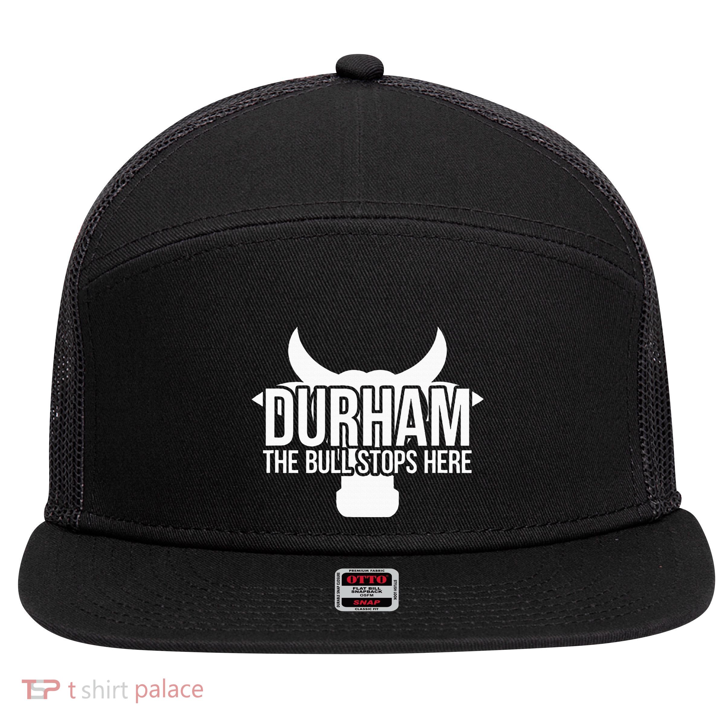 Durham Nc The Bull Stops Here 7 Panel Mesh Trucker Snapback Hat