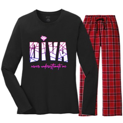 Diva Never Underestimate Me For Women Party Diva Women's Long Sleeve Flannel Pajama Set 