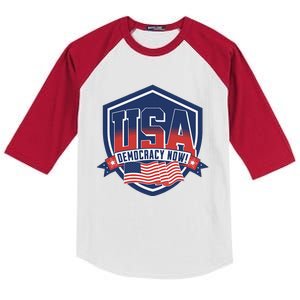 Democracy Now Vote Kamala Harris 2024 Kids Colorblock Raglan Jersey