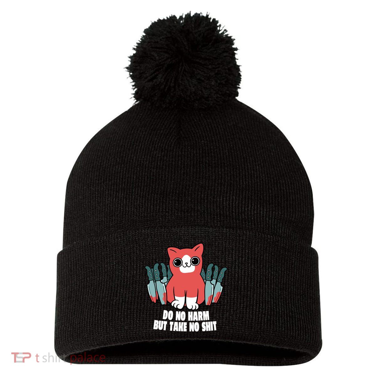 Do Know Harm Take No Sh*t Funny Cat Knifes Pom Pom 12in Knit Beanie