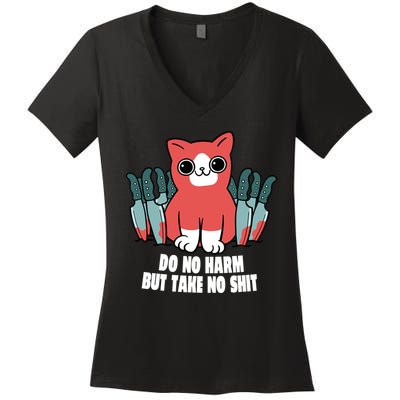 Do Know Harm Take No Sh*t Funny Cat Knifes Women's V-Neck T-Shirt