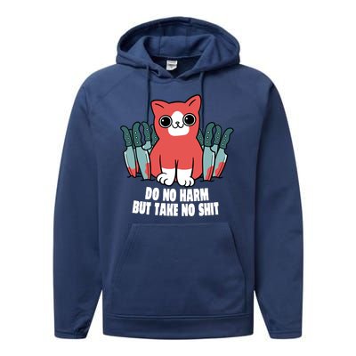 Do Know Harm Take No Sh*t Funny Cat Knifes Performance Fleece Hoodie