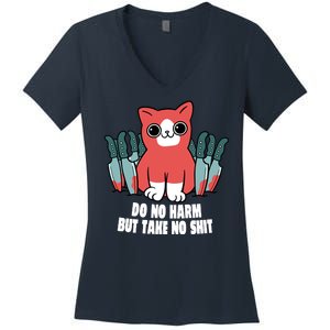 Do Know Harm Take No Sh*t Funny Cat Knifes Women's V-Neck T-Shirt